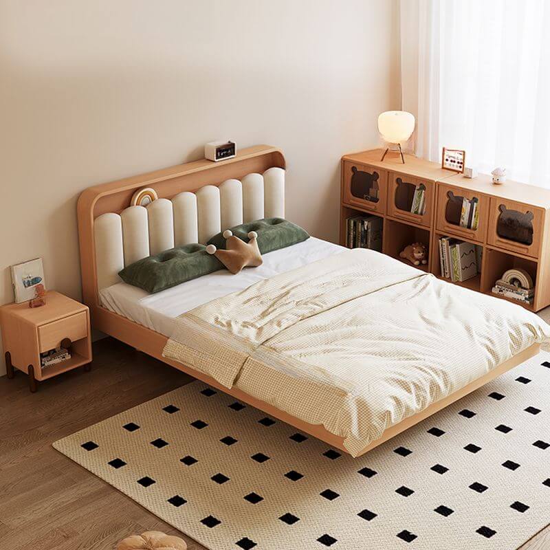 Modern Natural Finish Wood Bed with Upholstered Headboard Main Product Image Hauptbild