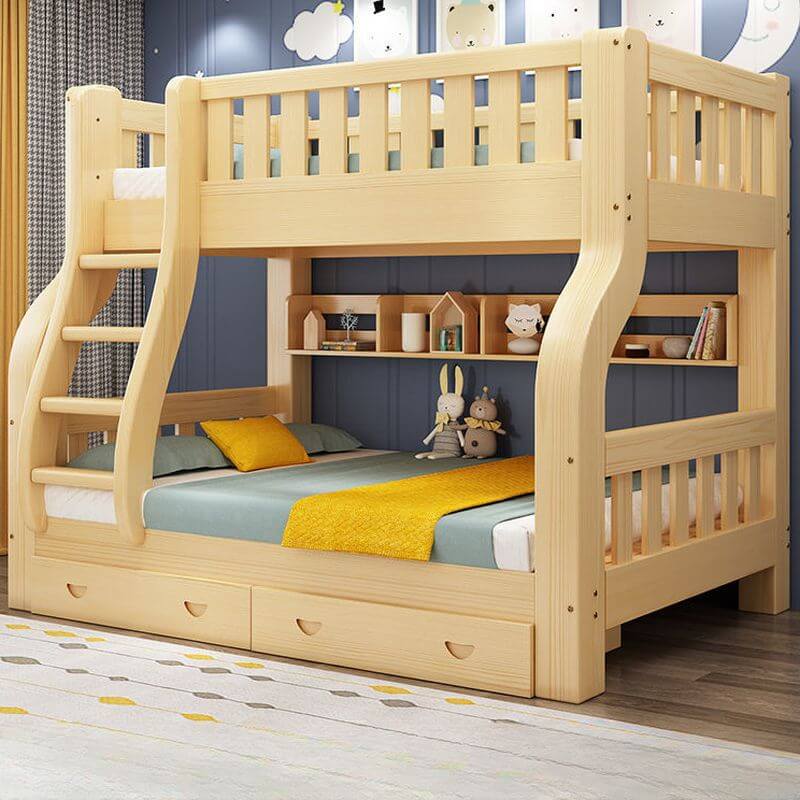 Modern Natural Finish Wooden Bunk Bed with Storage Options for Kids