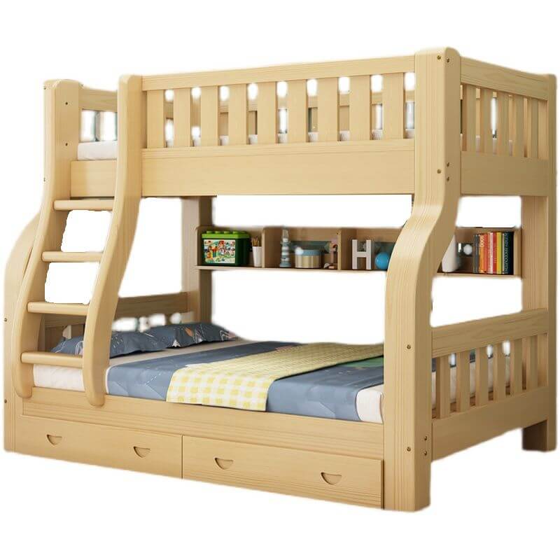 Modern Natural Finish Wooden Bunk Bed with Storage Options for Kids