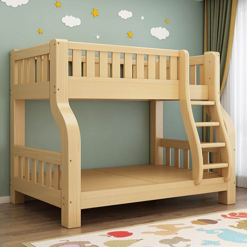 Modern Natural Finish Wooden Bunk Bed with Storage Options for Kids