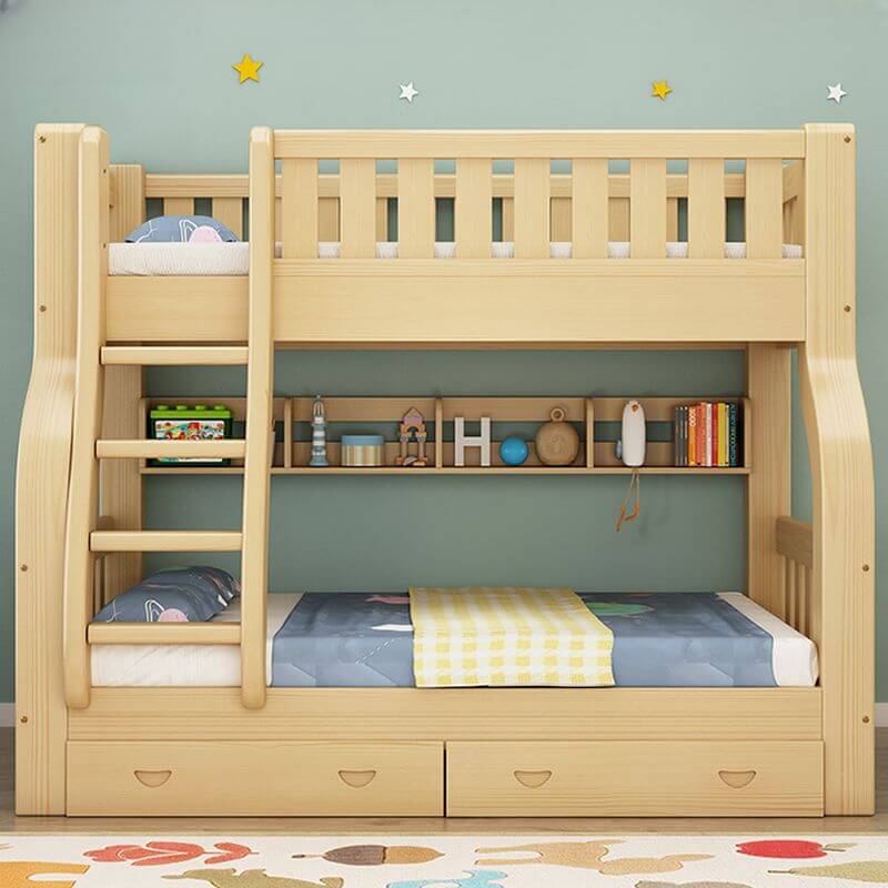 Modern Natural Finish Wooden Bunk Bed with Storage Options for Kids
