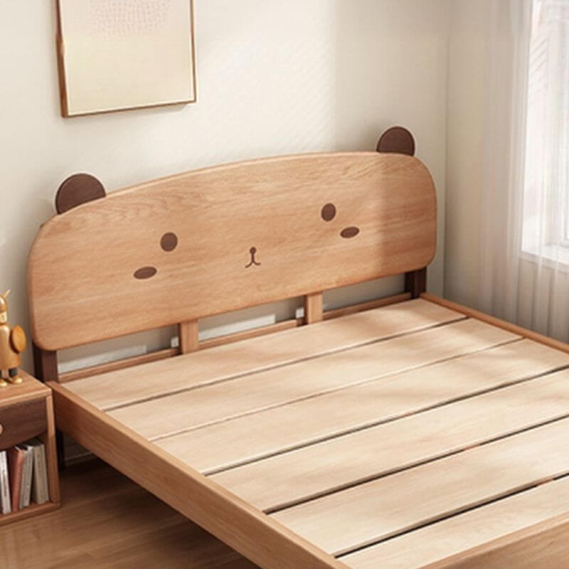 Modern Natural Finish Wooden Kids Bed with Adorable Animal Headboard