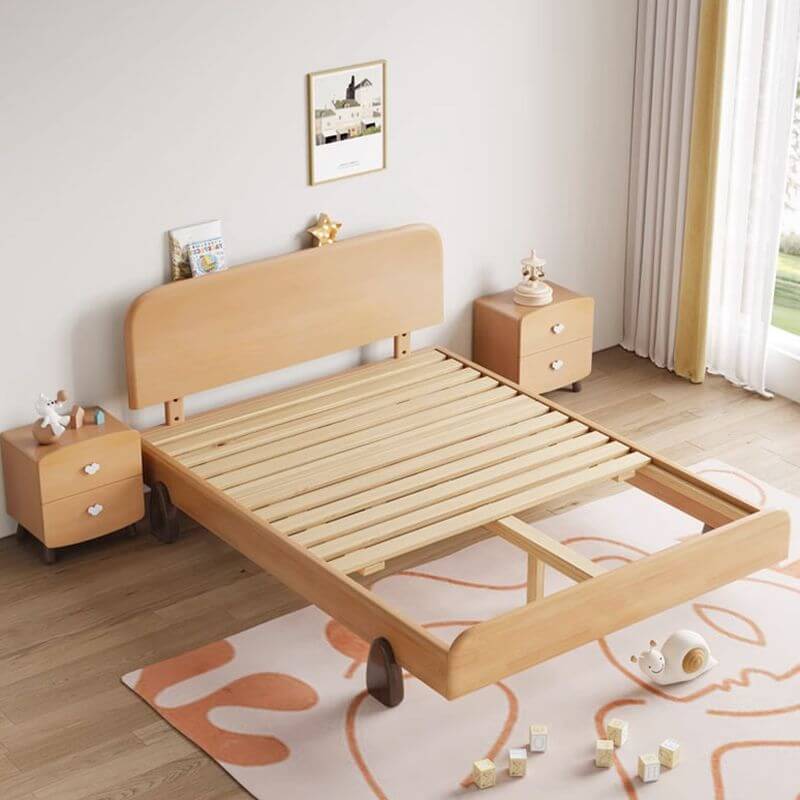 Modern Natural Finish Wooden Kids Bed with Headboard