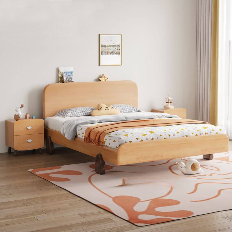 Modern Natural Finish Wooden Kids Bed with Headboard