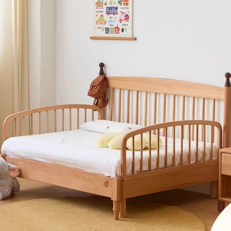 Modern Natural Wood Kids Bed with Headboard and Guardrail