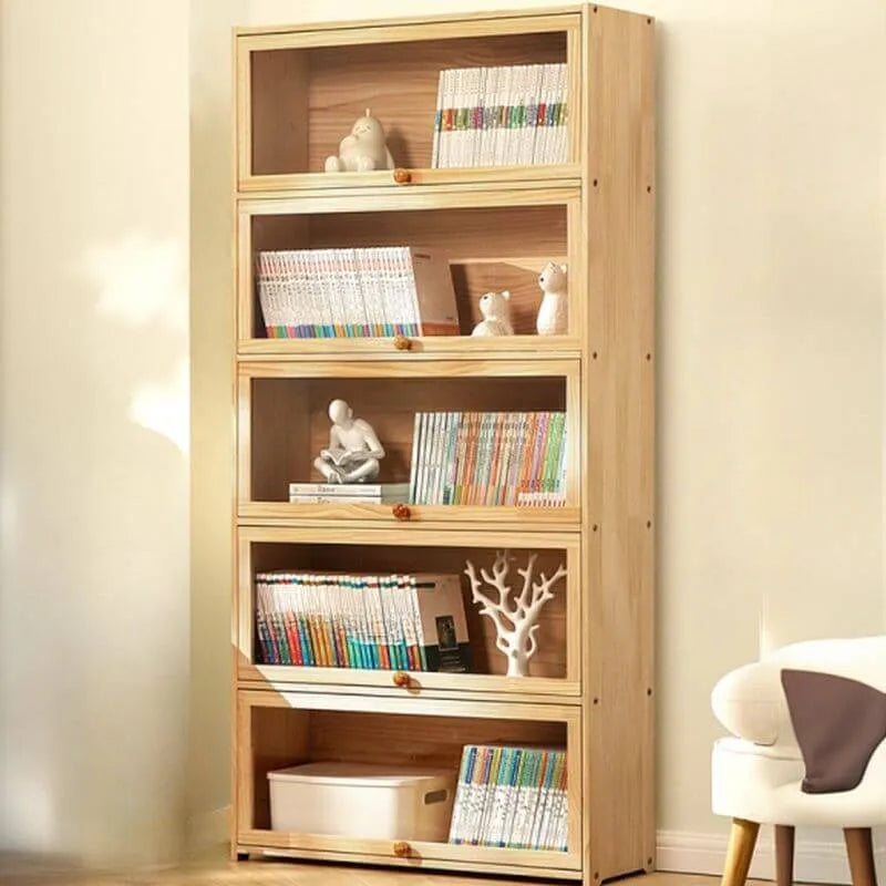 Modern Natural Wood Vertical Bookcase with Acrylic Doors Imagen secundaria del producto