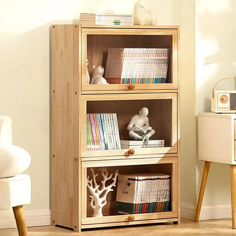 Modern Natural Wood Vertical Bookcase with Acrylic Doors