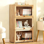 Modern Natural Wood Vertical Bookcase with Acrylic Doors
