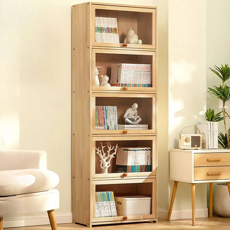 Modern Natural Wood Vertical Bookcase with Acrylic Doors