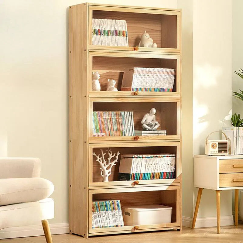 Modern Natural Wood Vertical Bookcase with Acrylic Doors