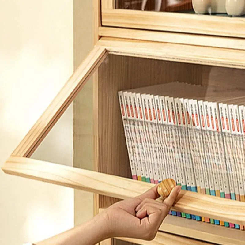 Modern Natural Wood Vertical Bookcase with Acrylic Doors