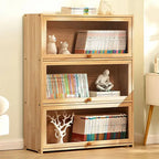 Modern Natural Wood Vertical Bookcase with Acrylic Doors