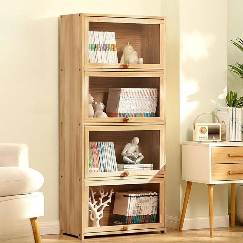 Modern Natural Wood Vertical Bookcase with Acrylic Doors