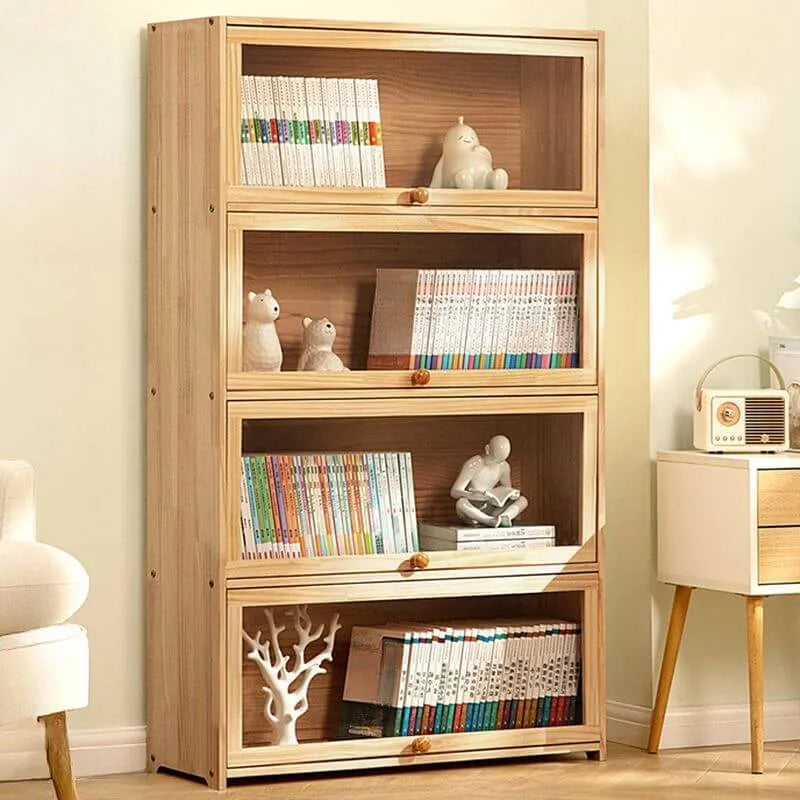 Modern Natural Wood Vertical Bookcase with Acrylic Doors