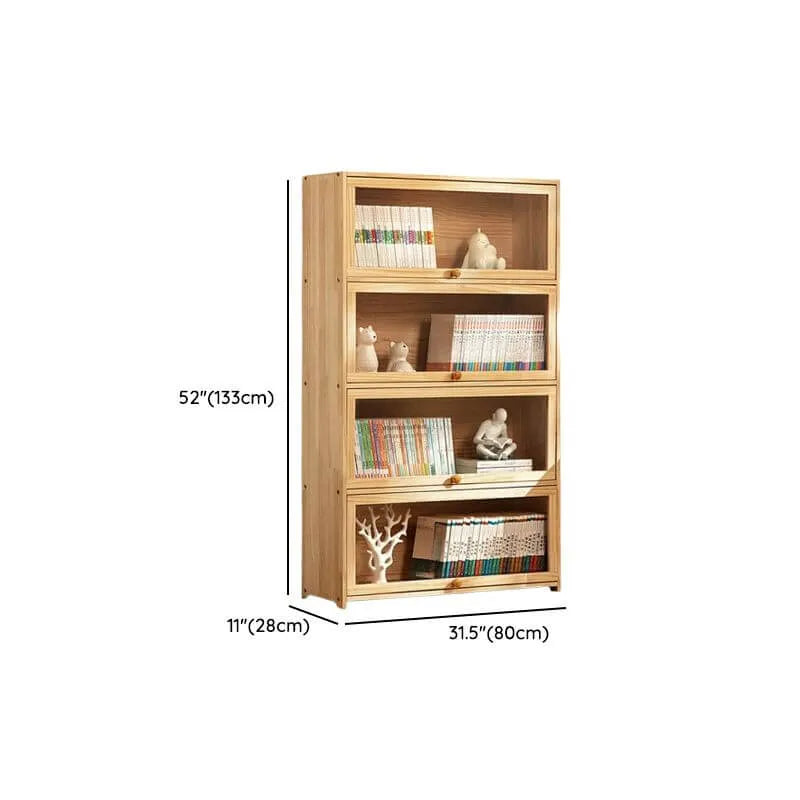 Modern Natural Wood Vertical Bookcase with Acrylic Doors Dimensions