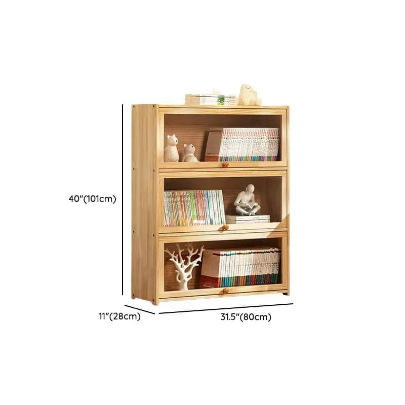 Modern Natural Wood Vertical Bookcase with Acrylic Doors Dimensions