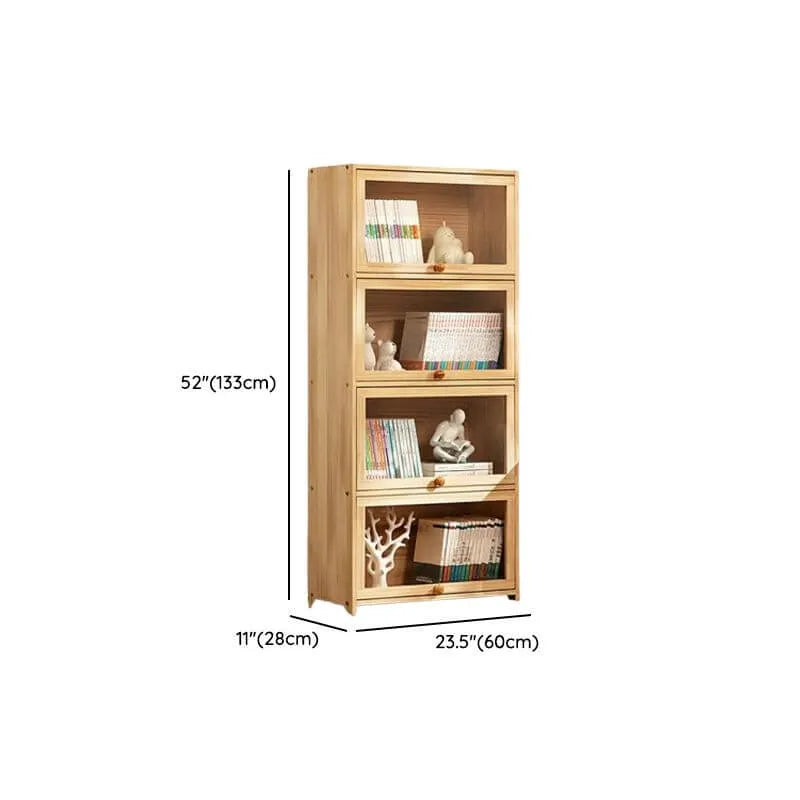 Modern Natural Wood Vertical Bookcase with Acrylic Doors Dimensions