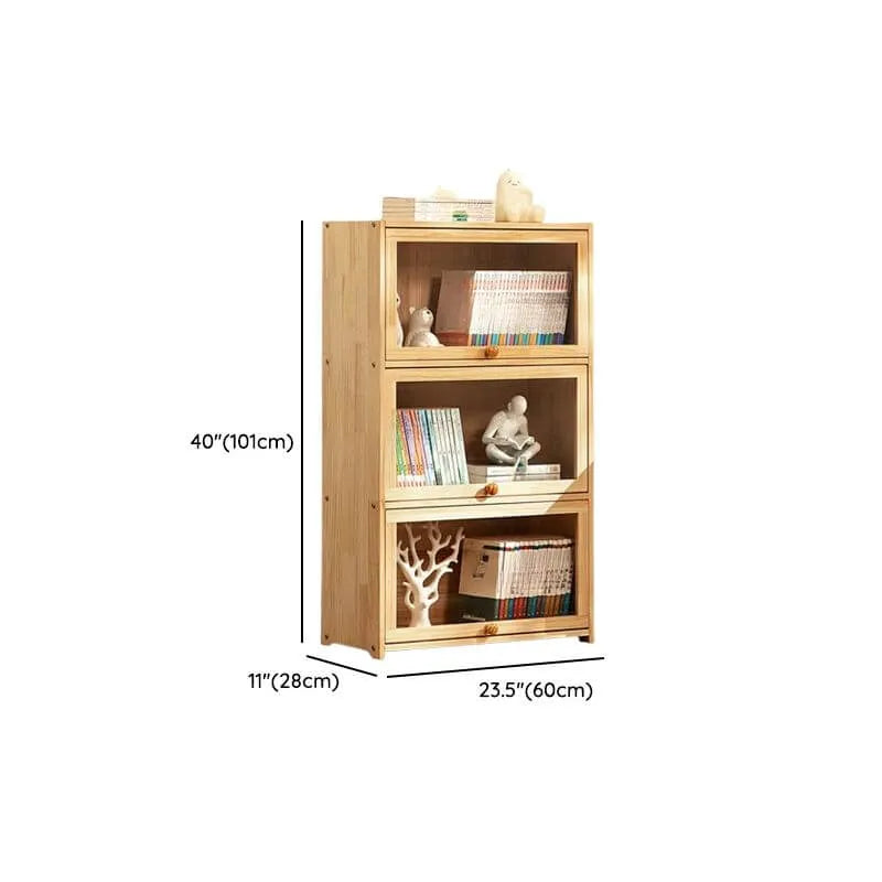 Modern Natural Wood Vertical Bookcase with Acrylic Doors Dimensions