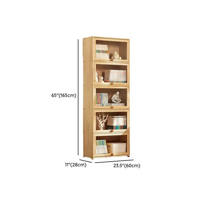 Modern Natural Wood Vertical Bookcase with Acrylic Doors Dimensions