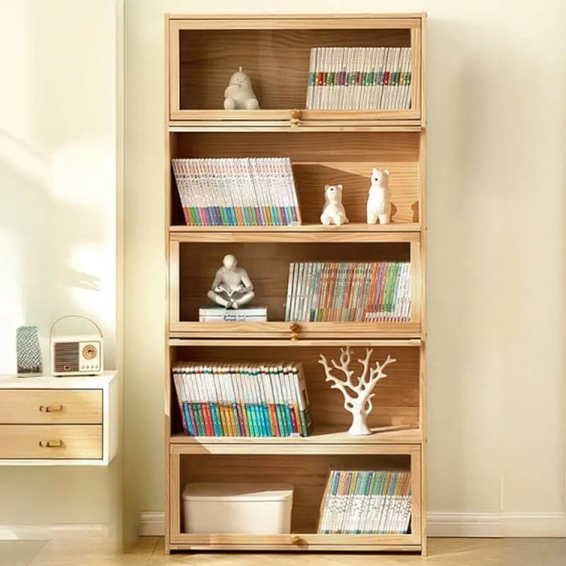 Modern Natural Wood Vertical Bookcase with Acrylic Doors Main Product Image Imagen principal del producto