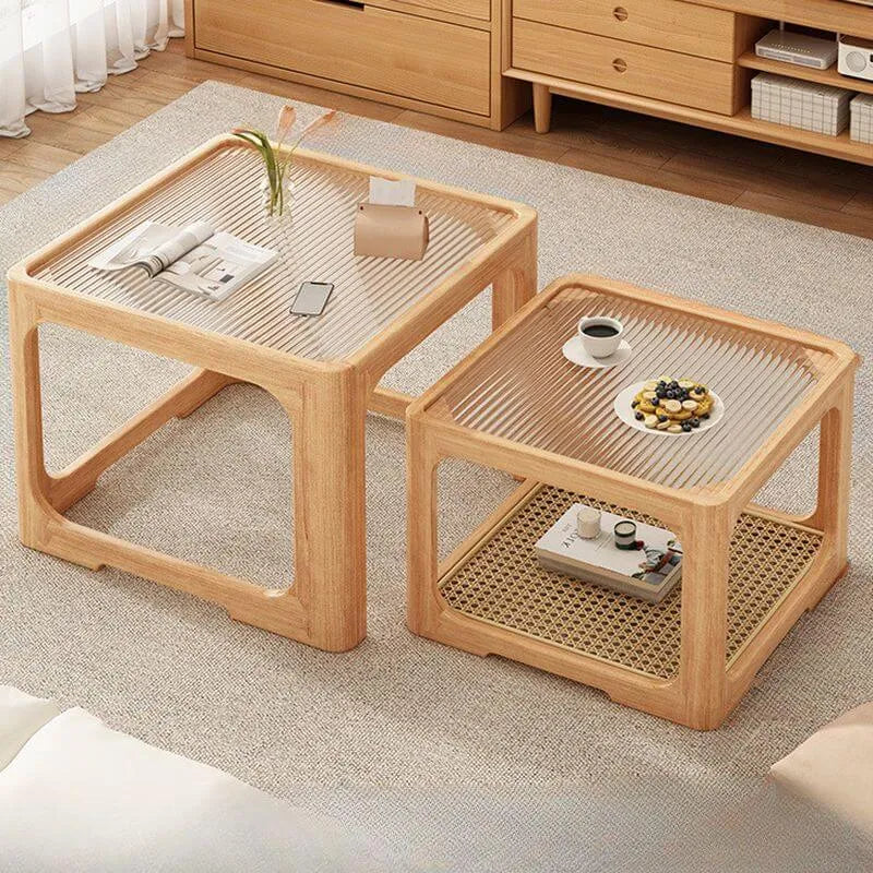 Modern Nesting Coffee Tables with Woven Glass Top and Walnut Frame