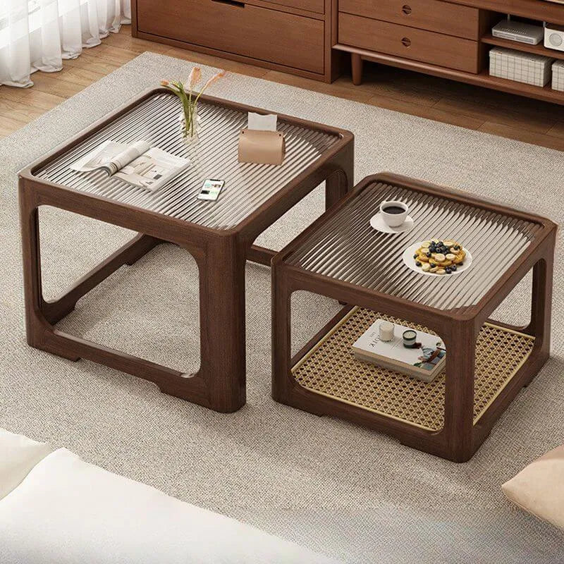 Modern Nesting Coffee Tables with Woven Glass Top and Walnut Frame