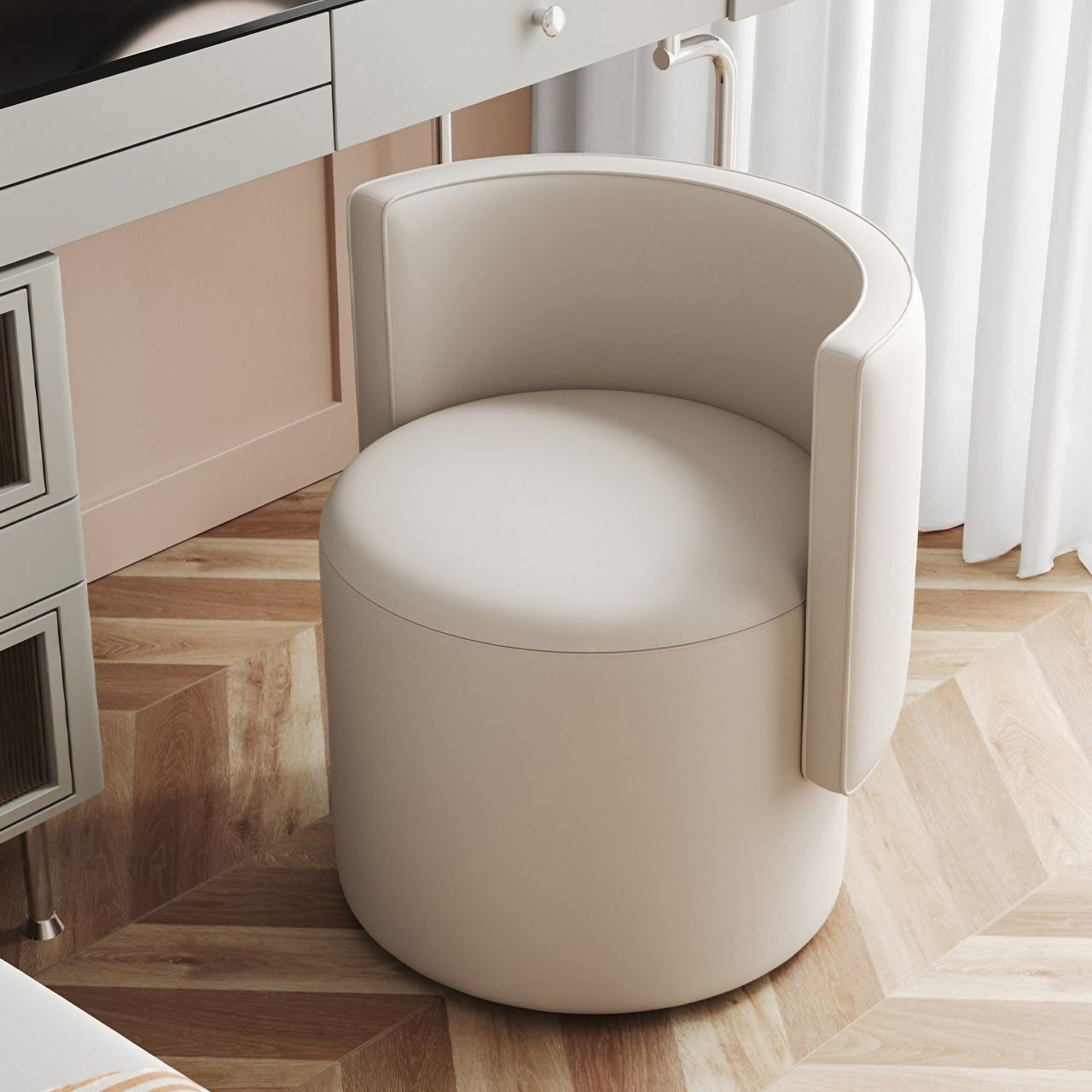 Elegant Off White Leather Makeup Stool with Curved Backrest