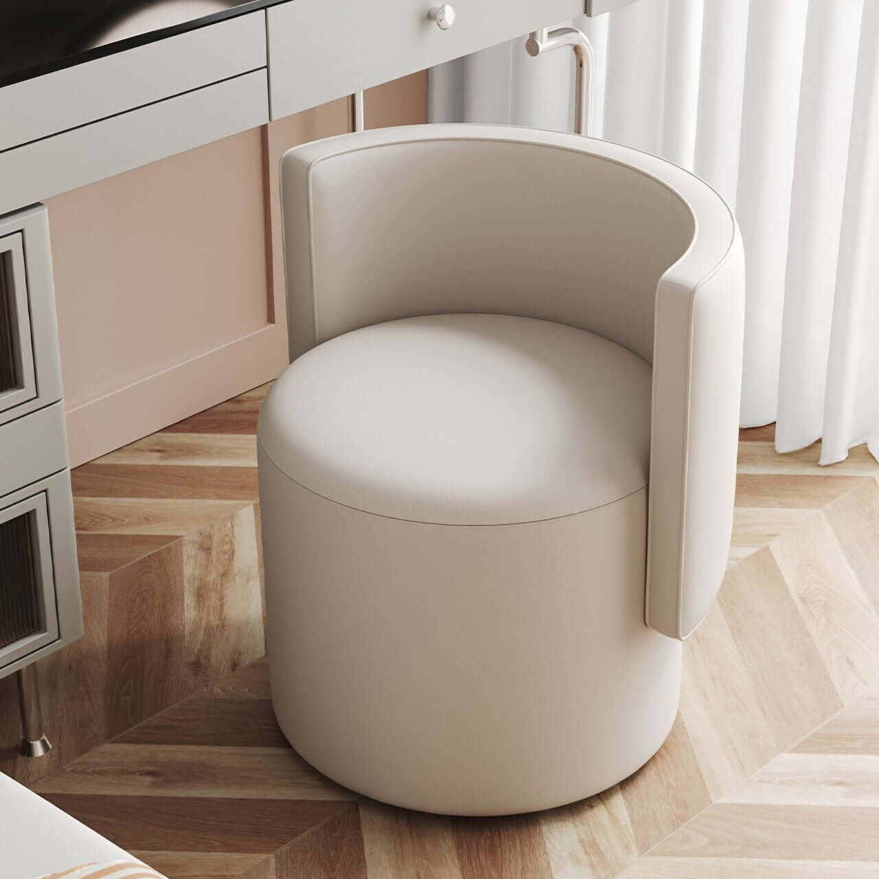 Off white durable leather swivel makeup stool with curved backrest and silent rotation main product image メイン画像