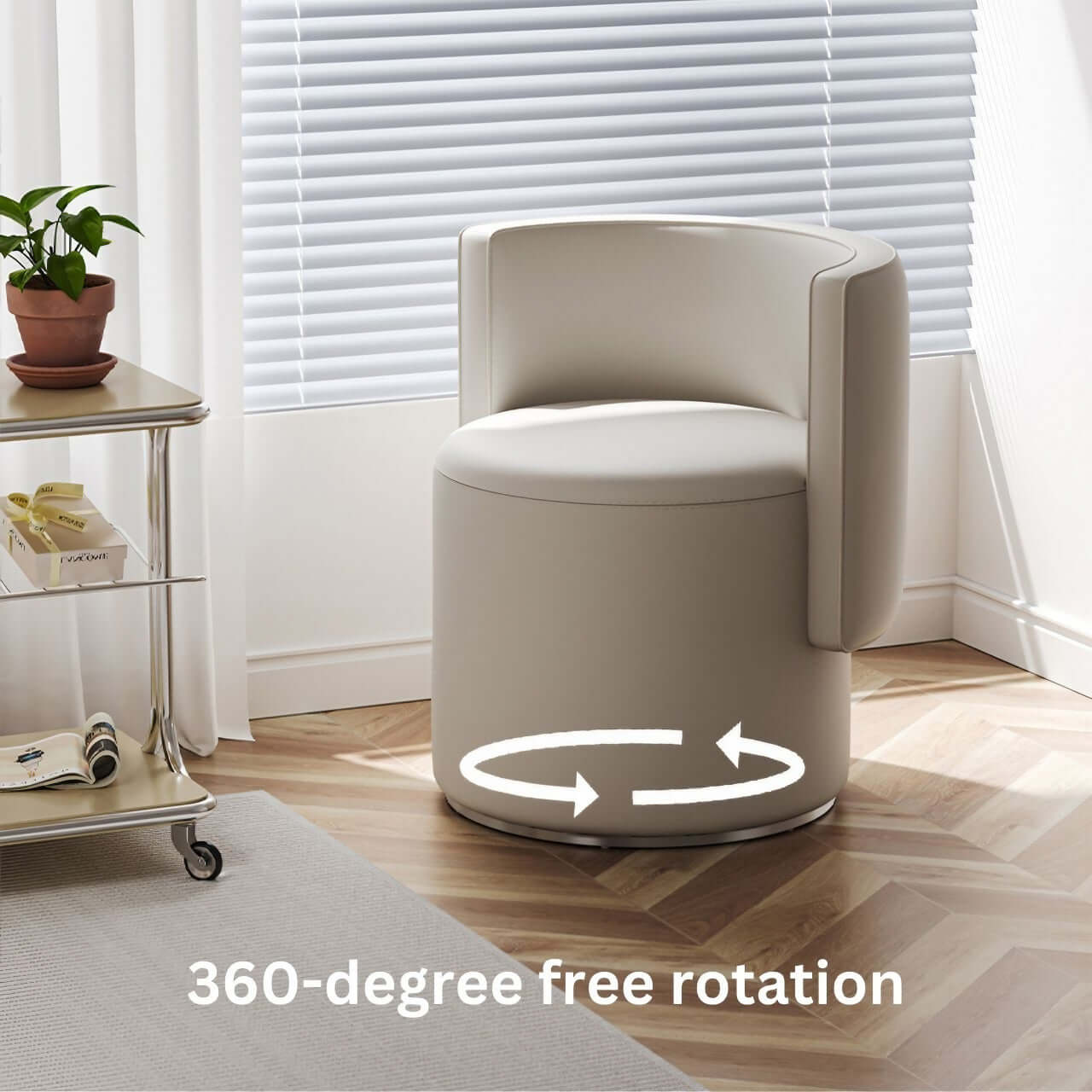 Off white durable leather swivel makeup stool with curved backrest and silent rotation