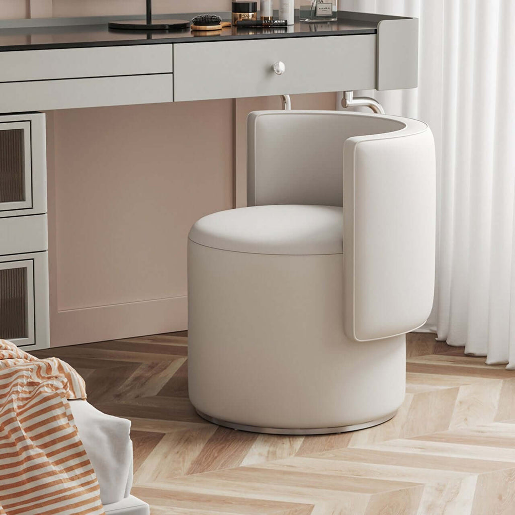 Off white durable leather swivel makeup stool with curved backrest and silent rotation
