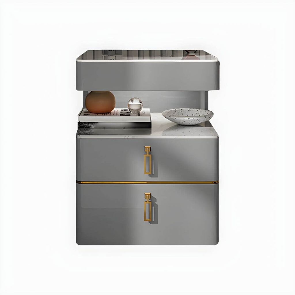 Modern Open Storage Nightstand with Wood Frame and Stone Countertop