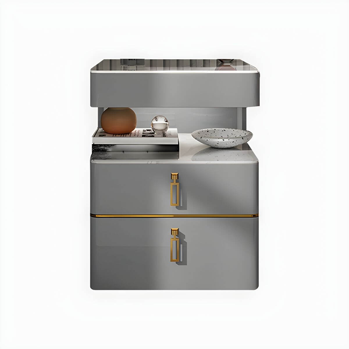 Modern Open Storage Nightstand with Wood Frame and Stone Countertop