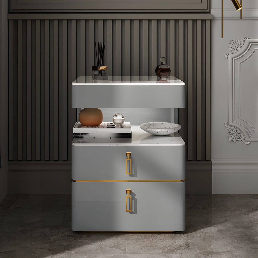 Modern Open Storage Nightstand with Wood Frame and Stone Countertop