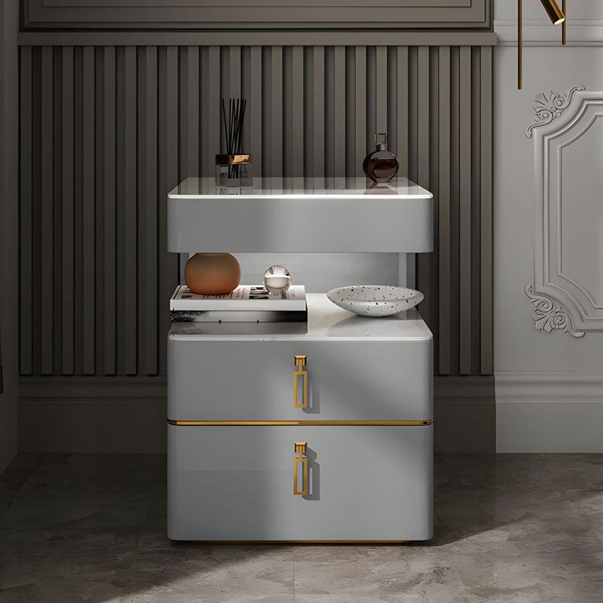 Modern Open Storage Nightstand with Wood Frame and Stone Countertop