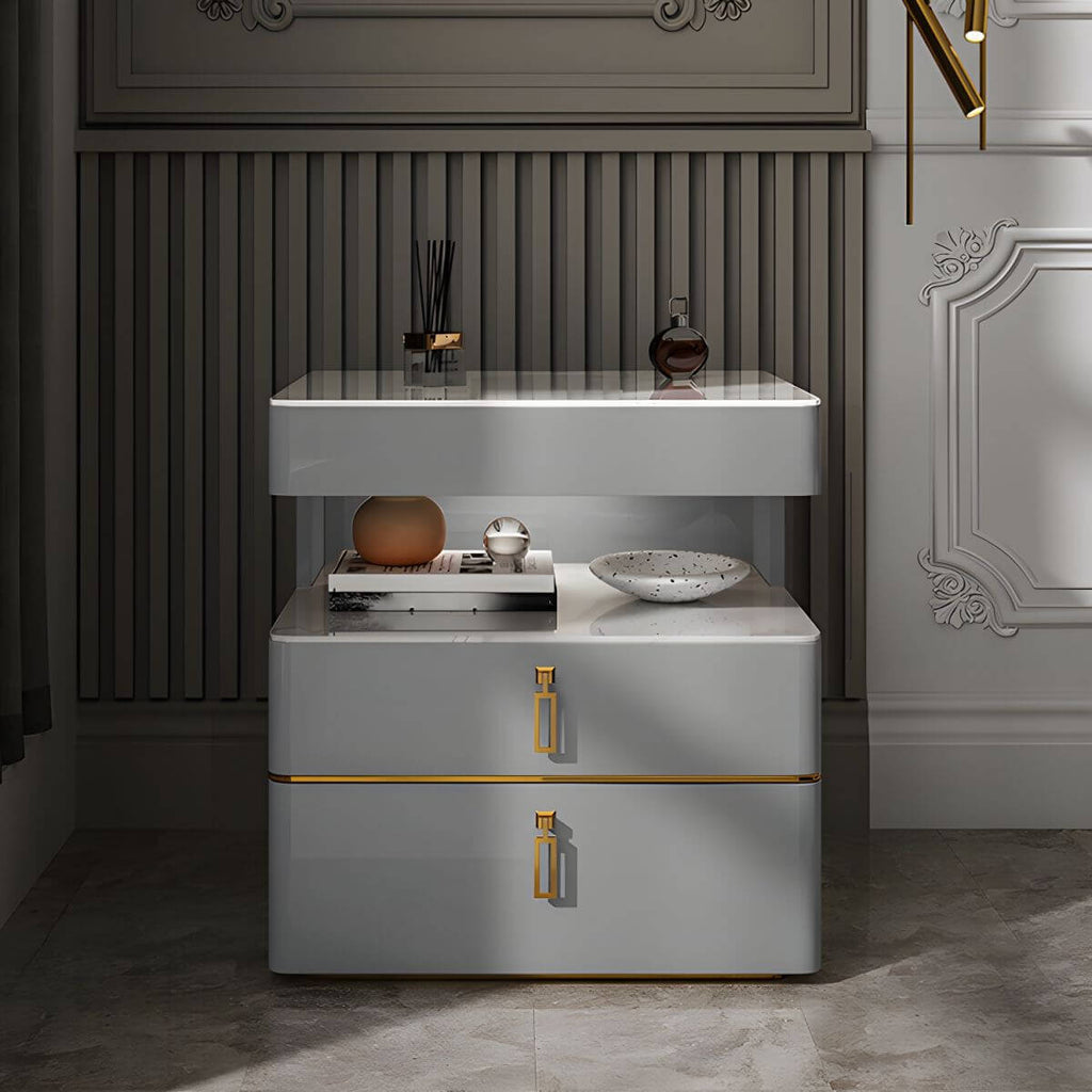 Modern Open Storage Nightstand with Wood Frame and Stone Countertop