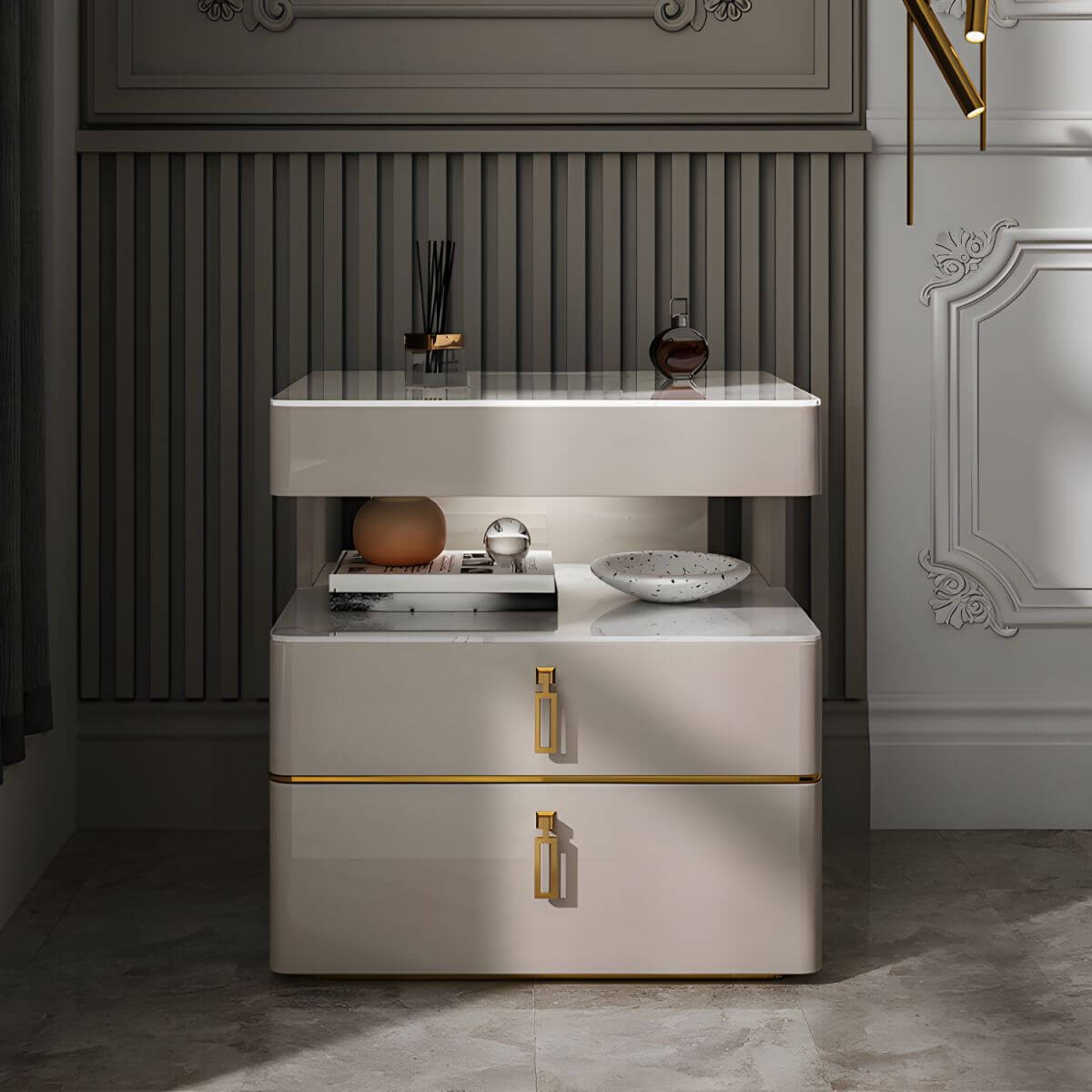 Modern Open Storage Nightstand with Wood Frame and Stone Countertop