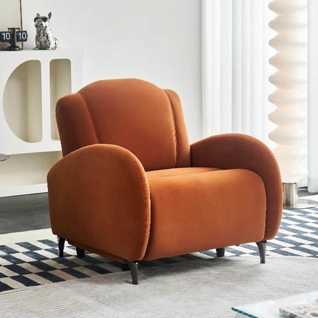 Orange velvet electric recliner chair with modern shell shape design