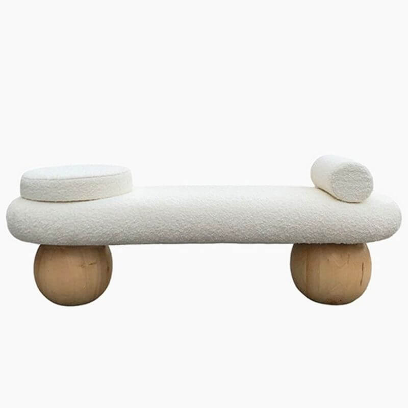 Modern Organic Upholstered Bench with Bouclé Fabric and Solid Wood Spherical Legs