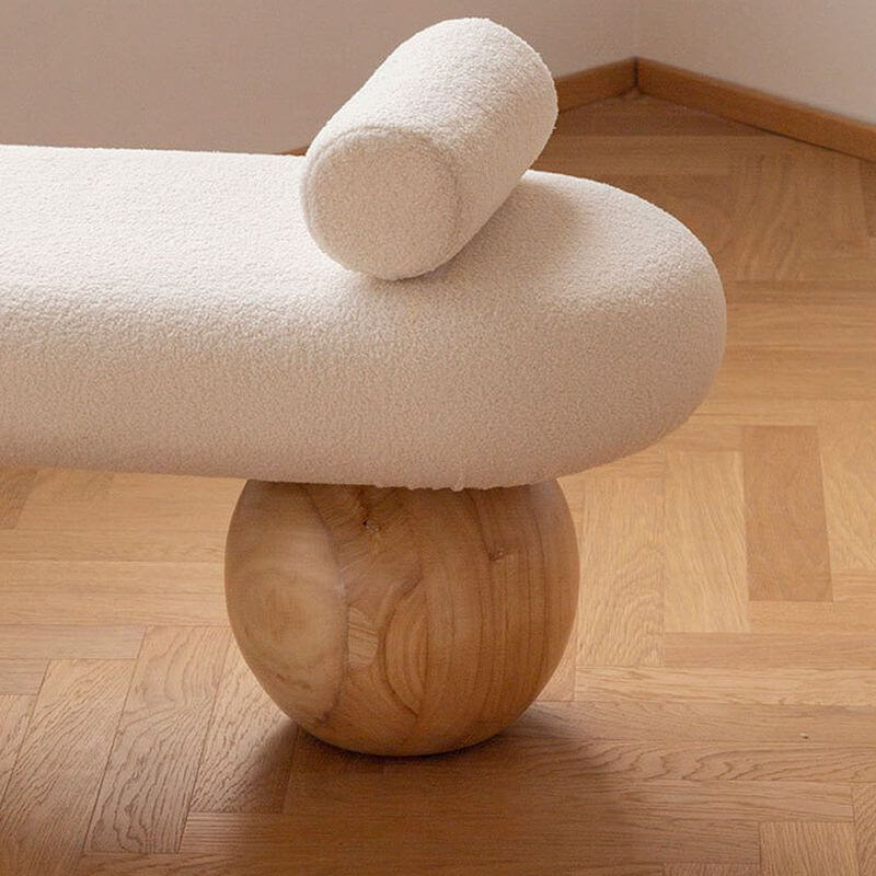 Modern Organic Upholstered Bench with Bouclé Fabric and Solid Wood Spherical Legs