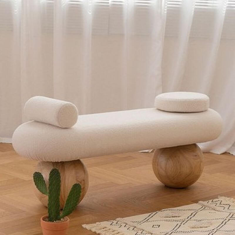 Modern Organic Upholstered Bench with Bouclé Fabric and Solid Wood Spherical Legs