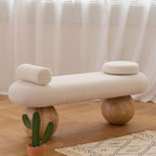 Modern Organic Upholstered Bench with Bouclé Fabric and Solid Wood Spherical Legs