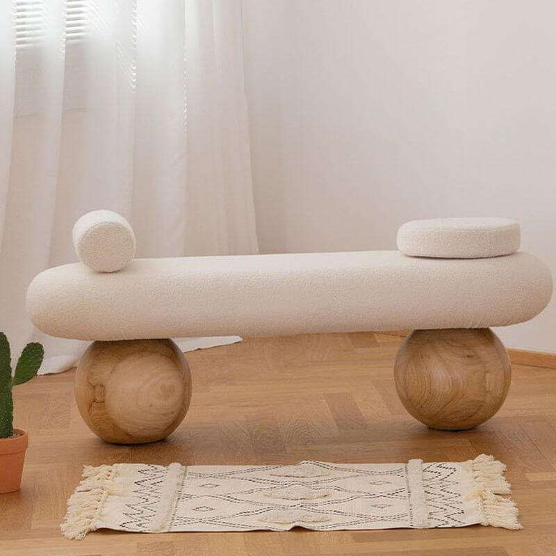 Modern Organic Upholstered Bench with Bouclé Fabric and Solid Wood Spherical Legs Main Product Image Image principale du produit