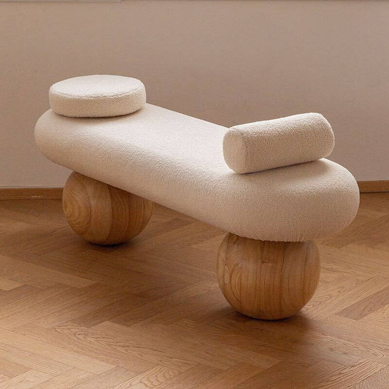 Modern Organic Upholstered Bench with Bouclé Fabric and Solid Wood Spherical Legs