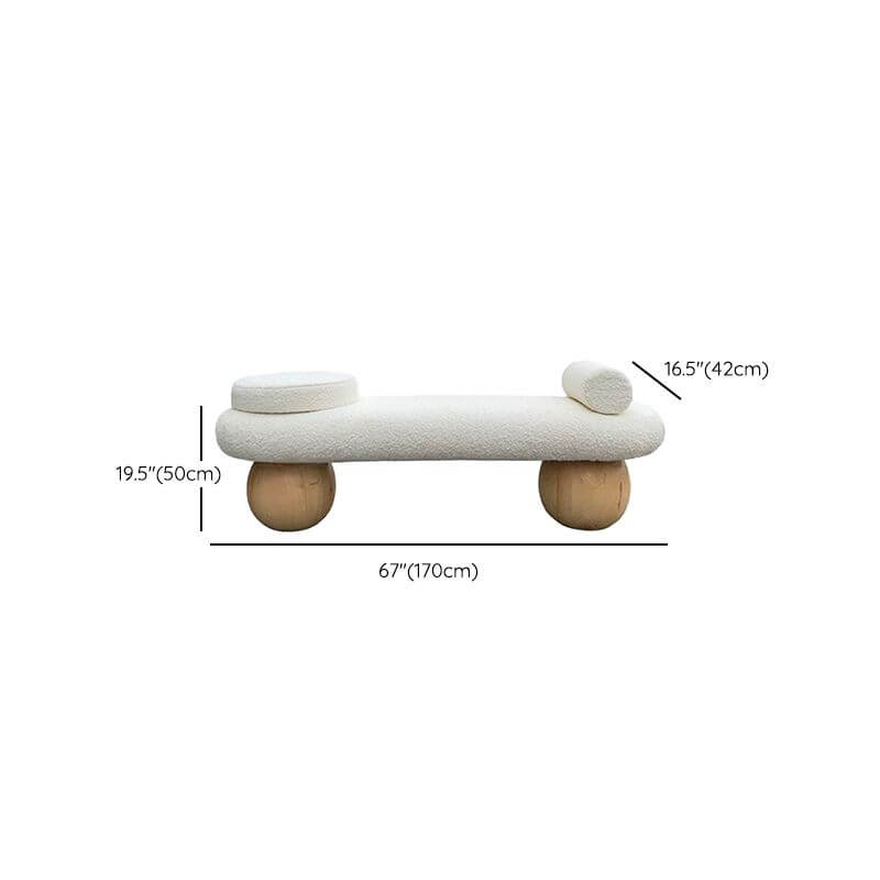 Modern Organic Upholstered Bench with Bouclé Fabric and Solid Wood Spherical Legs Dimensions