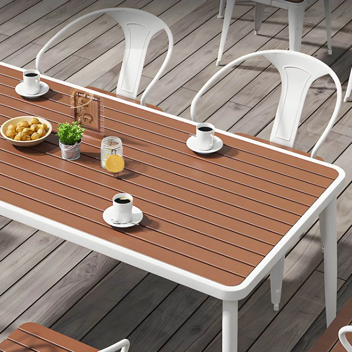 Modern Outdoor Coffee Table with Metal Frame and Espresso Wood Top