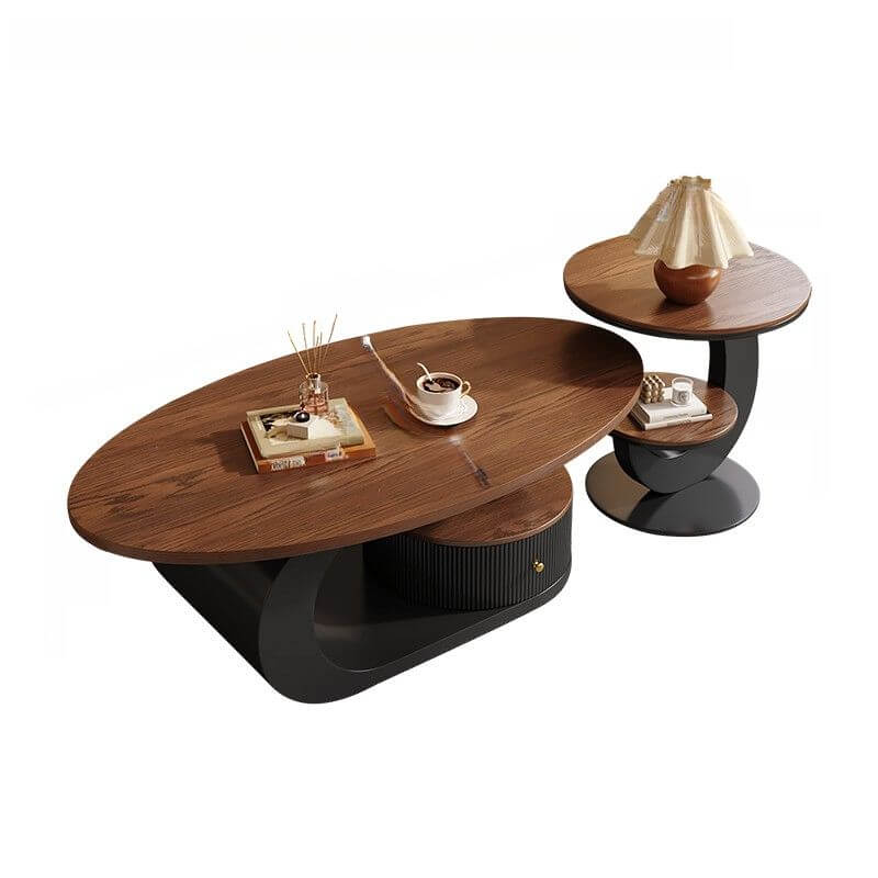 Modern Oval Coffee Table in Brown Wood and White Metal Base