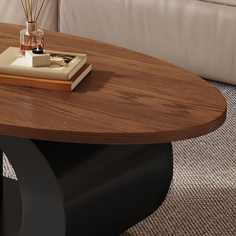 Modern Oval Coffee Table in Brown Wood and White Metal Base