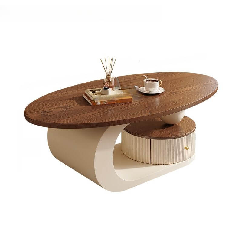 Modern Oval Coffee Table in Brown Wood and White Metal Base