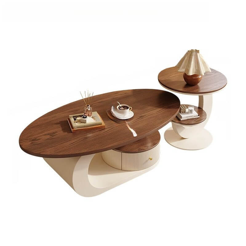 Modern Oval Coffee Table in Brown Wood and White Metal Base