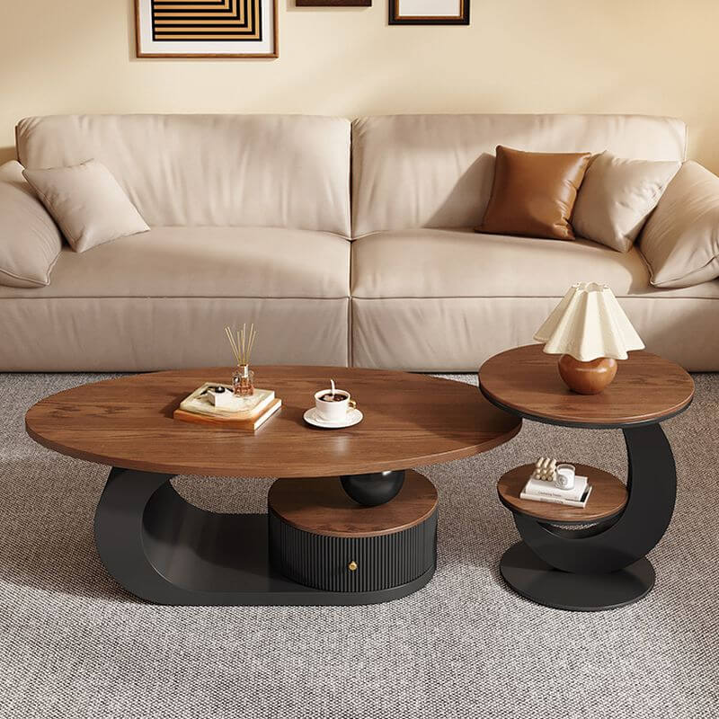 Modern Oval Coffee Table in Brown Wood and White Metal Base